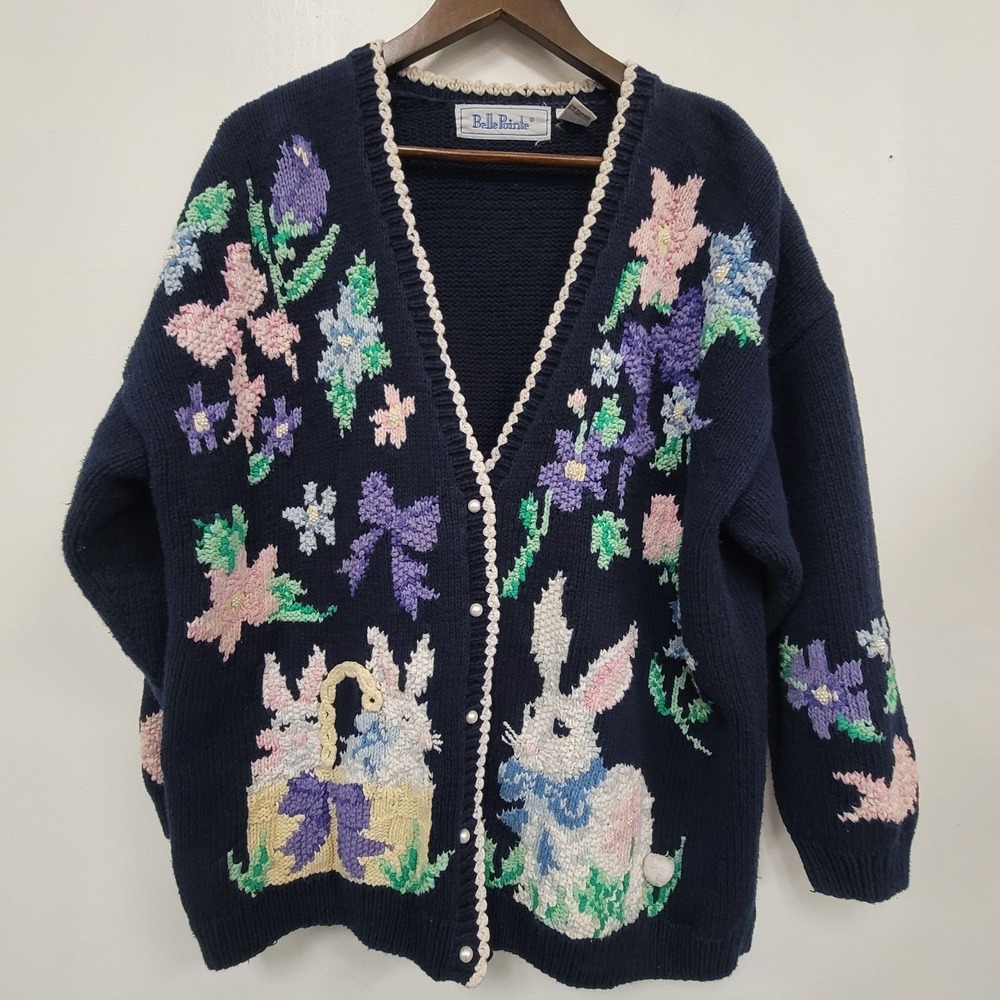 Belle Point Womens Button Up V Neck‎ Easter Sweater Size 2X Embroidered Spring